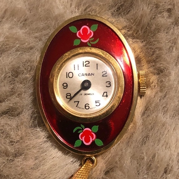 Vtg 60s caran bubble enamel pendant watch 17 jewels hand painted flowers - Picture 3 of 7